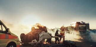 Firefighters responding to a car crash at sunset.
