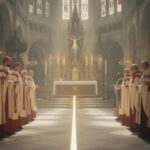 Clergy members in liturgical robes standing in a cathedral during a ceremony