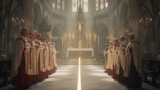 Clergy members in liturgical robes standing in a cathedral during a ceremony