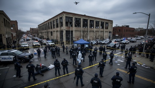shutterstock_2755603873.jpg Police officers and FBI agents at a crime scene with a drone overhead