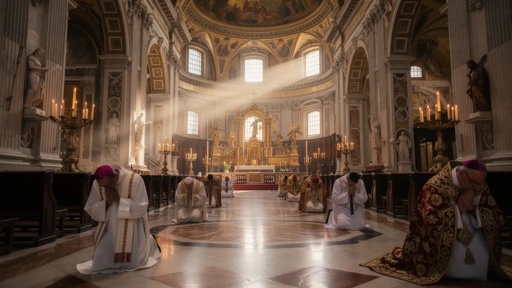 shutterstock_2762539907.jpg Clergy members praying in a grand cathedral with sunlight streaming through windows