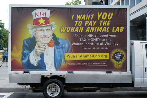 shutterstock1977029702-3jpg Truck billboard showing a message criticizing Anthony Fauci.