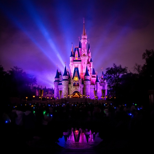 shutterstock_2574537605.jpg Illuminated Disney castle with colorful lights at night