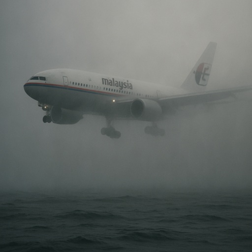 shutterstock_2704522573 Airplane flying through thick fog over water