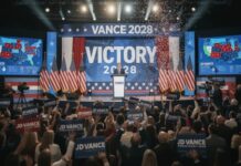 MAGA WAVE CRUSHES Opponents In Key Primaries A political rally celebrating a victory with supporters holding signs