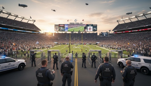 Ice,Agents,At,The,Super,Bowl Police officers standing in front of a packed football stadium during sunset