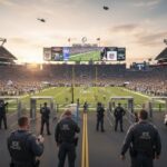 Superstar NFL Player ARRESTED – Shocking Charges Emerge…. Police officers standing in front of a packed football stadium during sunset