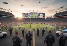 Superstar NFL Player ARRESTED – Shocking Charges Emerge…. Police officers standing in front of a packed football stadium during sunset