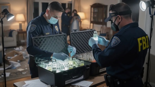 Fbi,Seizes,Vials,Of,Biowaepons,From,A,Home FBI agents examining evidence in a home setting