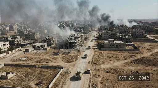 shutterstock_2741088773.jpg Aerial view of a war-torn city with smoke rising from buildings