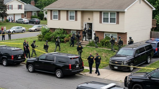 Fbi,Swarming,A,Home Law enforcement officers conducting a raid in a residential neighborhood