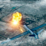 Missile Chaos Puts Trump On The Line Drone launching missile with explosion on ground.