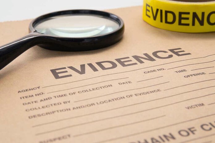 380145586 Evidence folder with magnifying glass and evidence tape.
