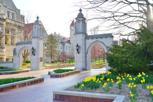 Bloomington,,In,-11,Apr,2018-,View,Of,The,Sample,Gates Stone archway entrance on a university campus with blooming yellow flowers