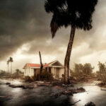 Quake Chaos, Tsunami Nears—Who’s Ready? Damaged house with debris in stormy landscape.
