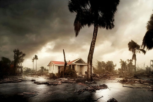 shutterstock_2214098105 Damaged house with debris in stormy landscape.