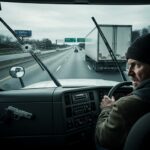 Deadly I-95 Crash Exposes English Loophole A truck driver with a tense expression, holding a steering wheel, with a broken windshield in view