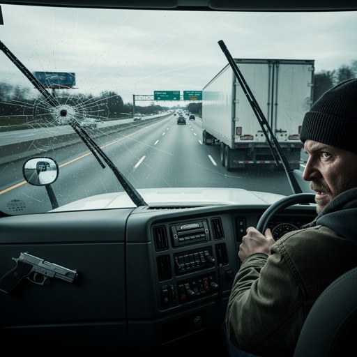 shutterstock_2703714031 A truck driver with a tense expression, holding a steering wheel, with a broken windshield in view