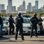 Nighttime Standoff Explodes At Newark Detention Police officers in tactical gear conducting an arrest in a parking lot