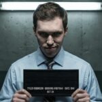AI Mix-Up Hauls Innocent Man To Jail A man in a blue shirt holding a police mugshot board with his booking information