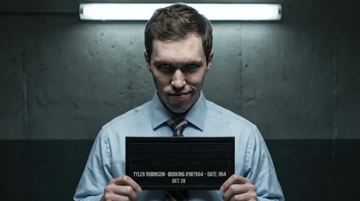 Tyler,Robinson,Looking,Evil,In,Mug,Shot A man in a blue shirt holding a police mugshot board with his booking information
