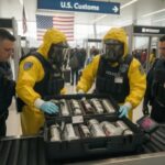 Law enforcement officers inspecting a case of potential hazardous materials at U.S. Customs