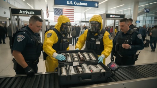 Biowarefare,Being,Smuggled,Into,The,U.s.,In,An,Airport Law enforcement officers inspecting a case of potential hazardous materials at U.S. Customs