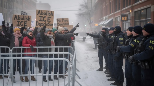 Streets,Of,Cold,Minnesota,Protesers,Getting,Angry,With,Ice,Agents Protesters holding signs against ICE in a snowy environment