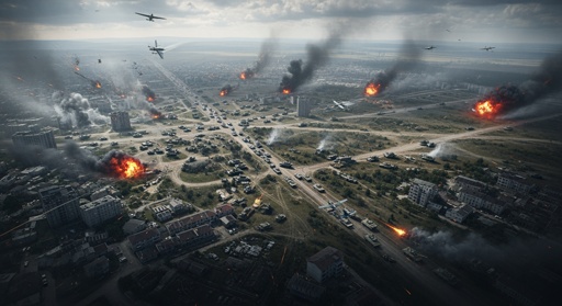 Ariel,Style,Photos,Of,A,Third,World,War Aerial view of a war-torn city with explosions and smoke