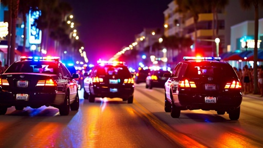 A,Roucous,Upclose,Scene,Of,Police,Shutting,Down,A,Wild Police cars with flashing lights on a city street at night