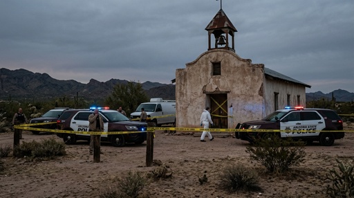 A,Creepy,Remote,Small,Arizona,Chapel,Thats,Now,A,Crime Police vehicles and officers at a crime scene near an abandoned building in a desert area
