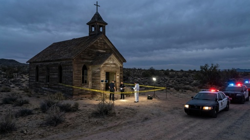 A,Creepy,Remote,Small,Arizona,Chapel,Thats,Now,A,Crime Police and forensic team at a crime scene near an abandoned church in the desert