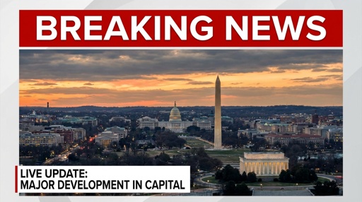 A,Slidecard,Breaking,News,With,An,Ariel,Picture,Of,The Aerial view of Washington D.C. at sunset with notable monuments