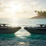 GPS Bombshell Shreds Husband’s Story Two military boats facing each other on a calm ocean with a tropical island in the background