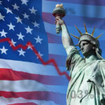 Protest = Patriotism? Bold July Bombshell Statue of Liberty with declining graph over American flag.