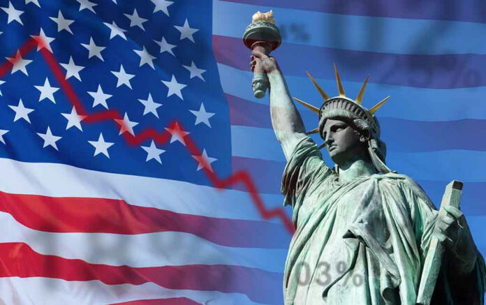 Statue of Liberty with declining graph over American flag.