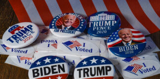 Political buttons for Biden and Trump, 2020 election.