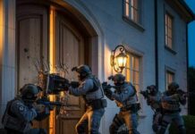 SWAT team breaching a door during a nighttime operation