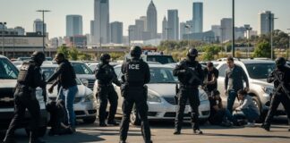 Police officers in tactical gear conducting an arrest in a parking lot