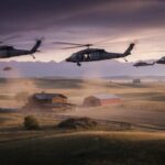 Black Hawks Storm Flooded Camp Military helicopters fly low over a rural farm at sunset