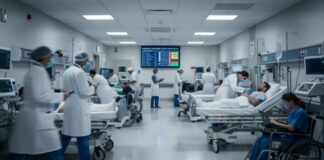 Busy hospital emergency room with medical staff attending to patients