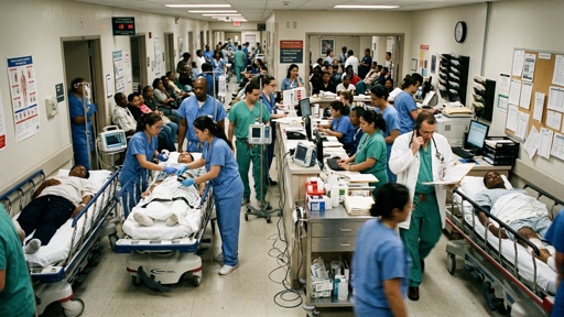 Realistic,Over,Run,Emergancy,Rooms,Face,Paced,Busy Busy hospital emergency room with medical staff attending to patients