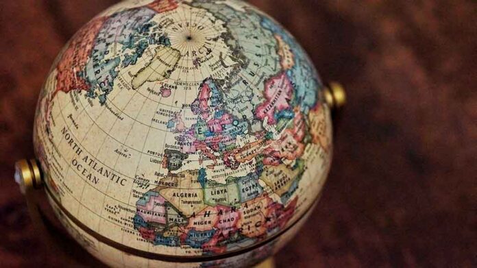 Close-up of a colorful, vintage globe.